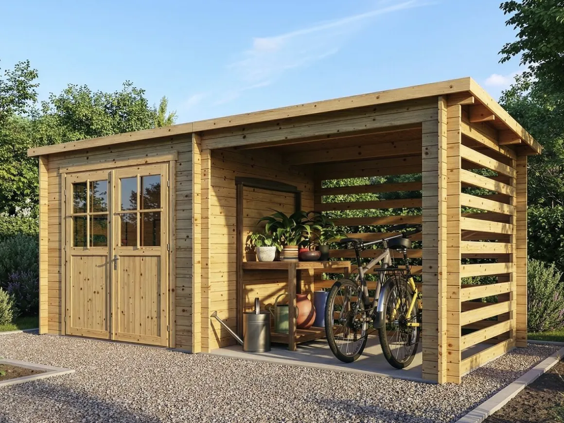 Abri de jardin bois avec appentis "Aureval" - 11m² - 2.24 x 5.01 x 2.07 m - 28 mm