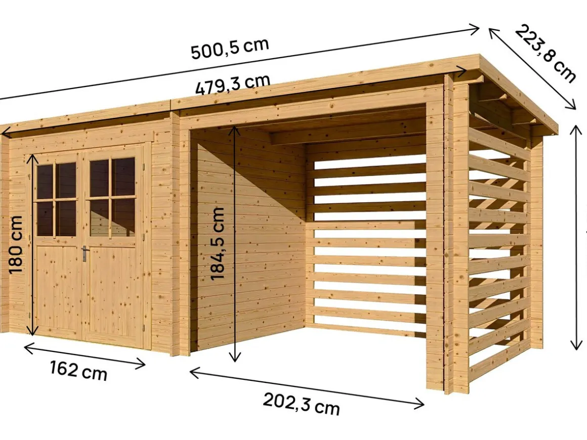 Abri de jardin bois avec appentis "Aureval" - 11m² - 2.24 x 5.01 x 2.07 m - 28 mm