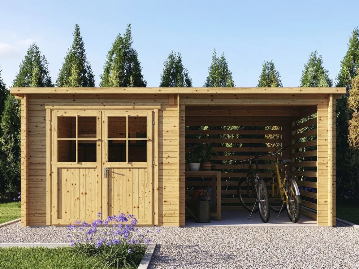 Abri de jardin bois avec appentis "Aureval" - 11m² - 2.24 x 5.01 x 2.07 m - 28 mm