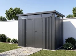 Abri de jardin métal premium avec toit plat et porte battante "Lexinton" - 6,76 m² - Gris