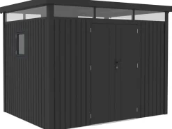 Abri de jardin métal premium avec toit plat et porte battante 