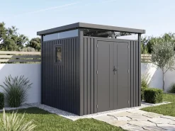 Abri de jardin métal premium avec toit plat et porte battante 