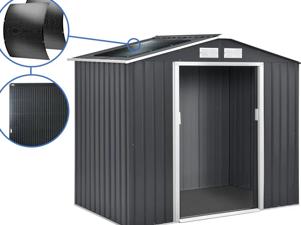 Abri de jardin métal - "Vegas" - 5.29 m² avec panneaux solaires - Gris