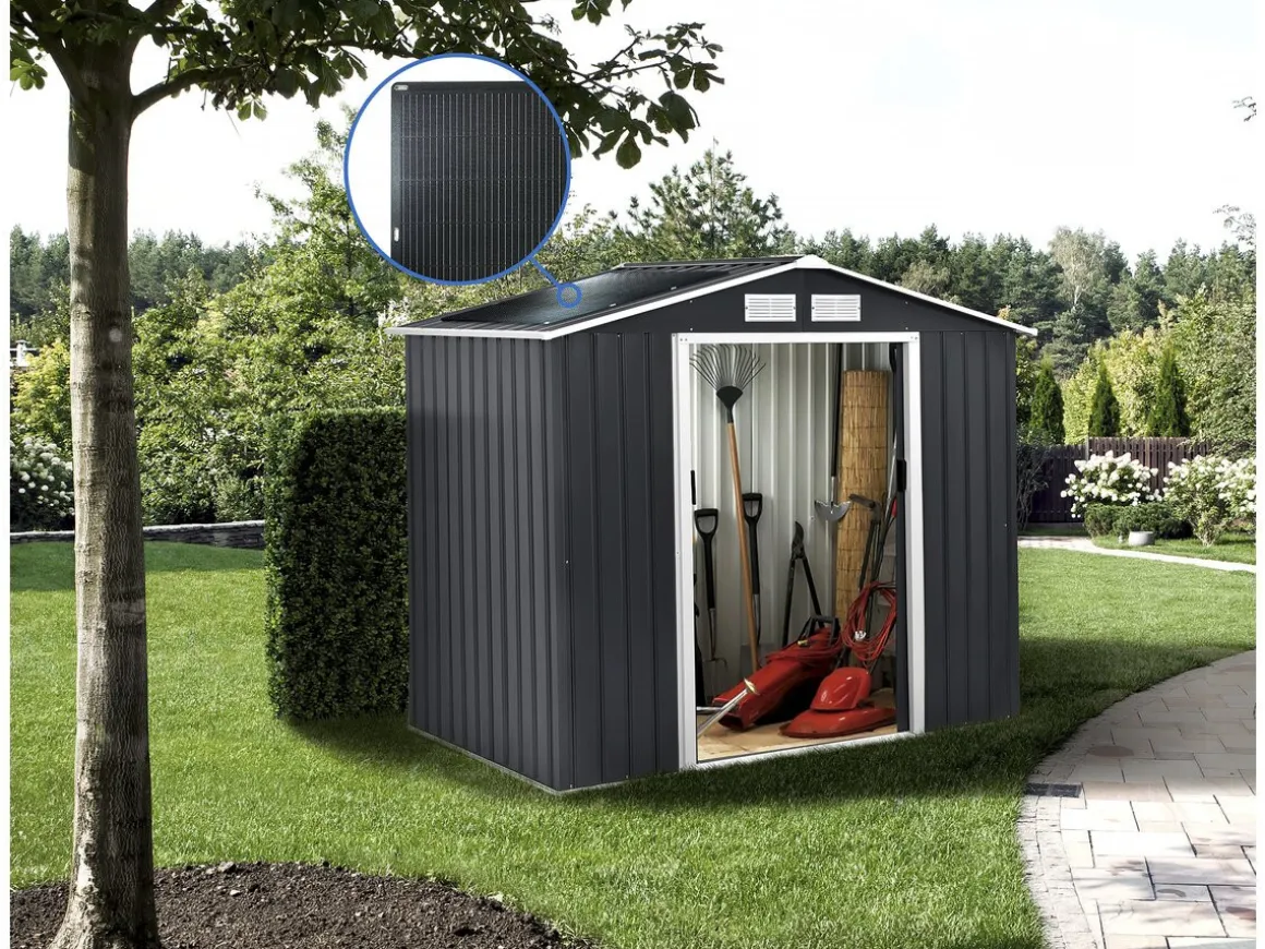 Abri de jardin métal - "Vegas" - 5.29 m² avec panneaux solaires - Gris