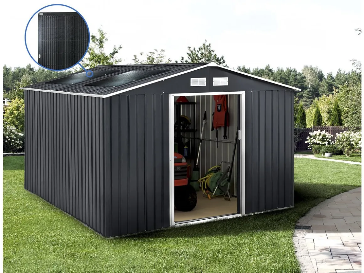 Abri de jardin métal - "Vegas"- 15 m² avec panneaux solaires - Gris