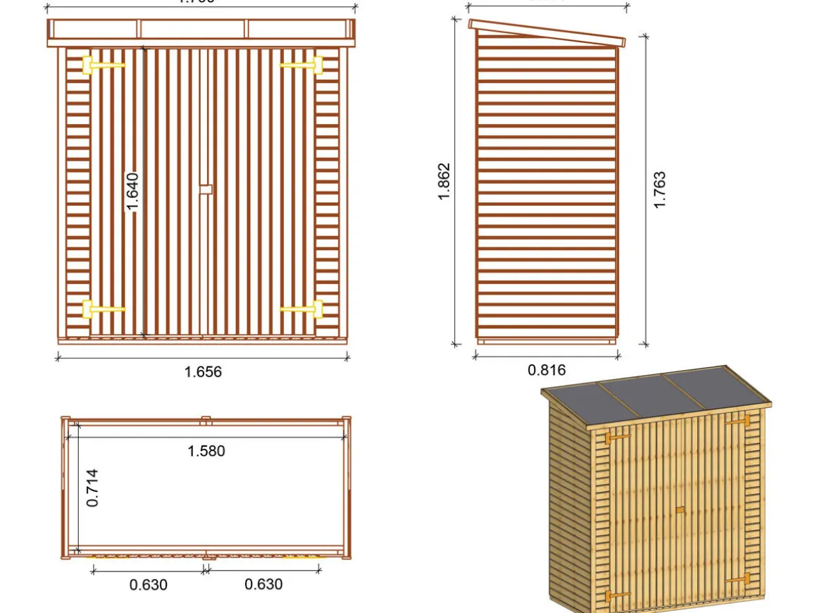 Abri jardin bois adossable "Lipki " - 1.79 x 0.9 x 1.78/1.87 m - 1.61 m² - 12 mm - Avec plancher