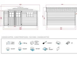 Abri jardin bois - 19,72 m² - 4.64 x 4.25 x 2,32 m - 28 mm