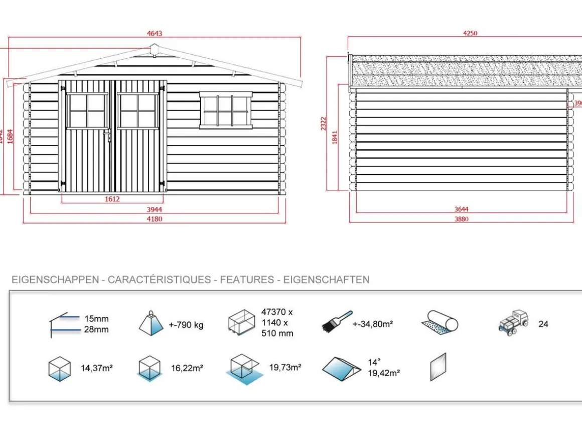 Abri jardin bois - 19,72 m² - 4.64 x 4.25 x 2,32 m - 28 mm