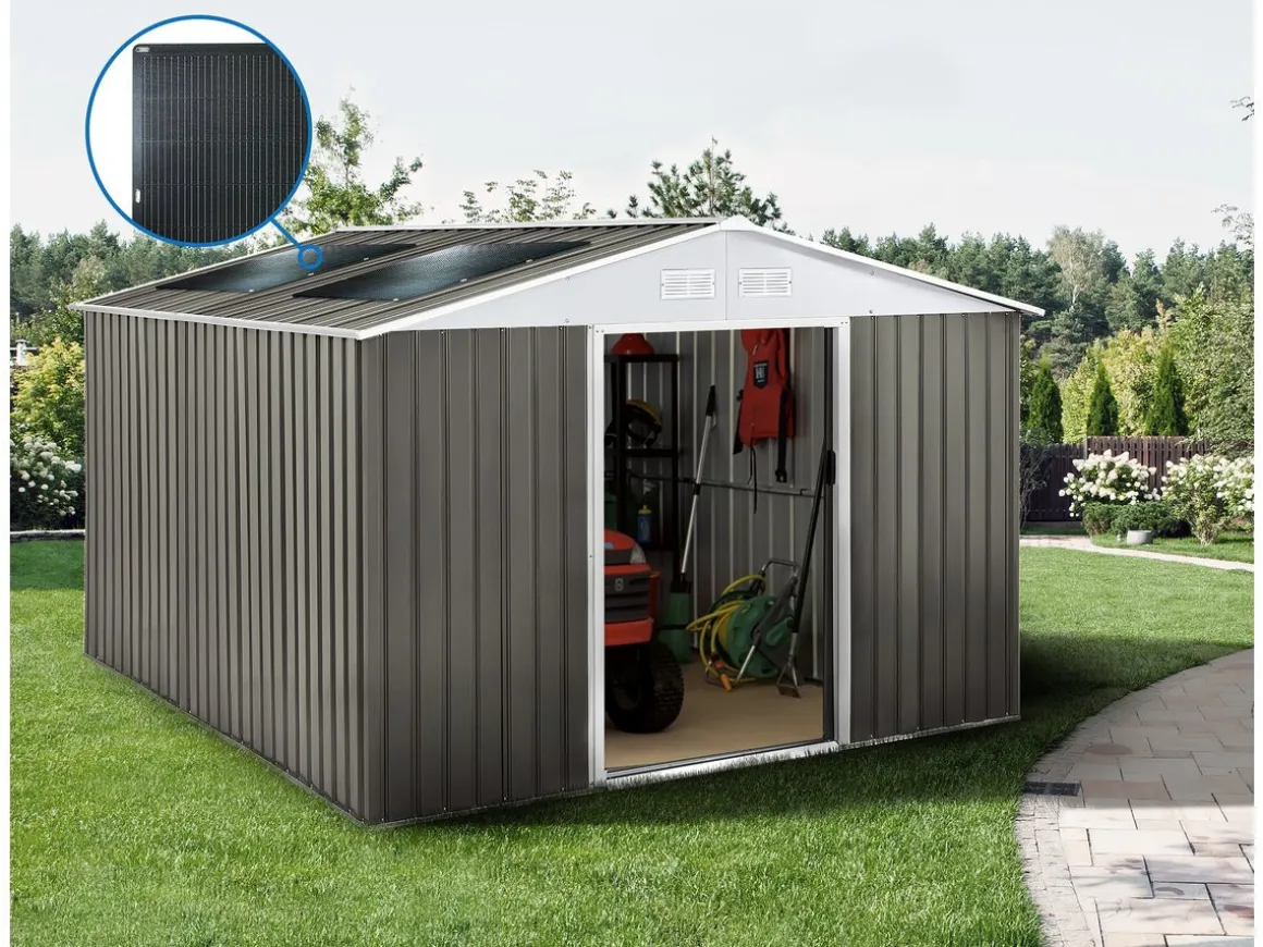 Abri jardin métal "Dallas" - 15.16m² avec panneau solaires - Taupe