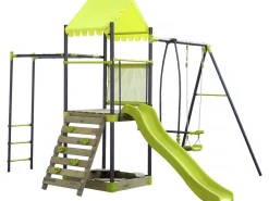 Aire de jeu portique en métal avec toboggan et bac a sable 