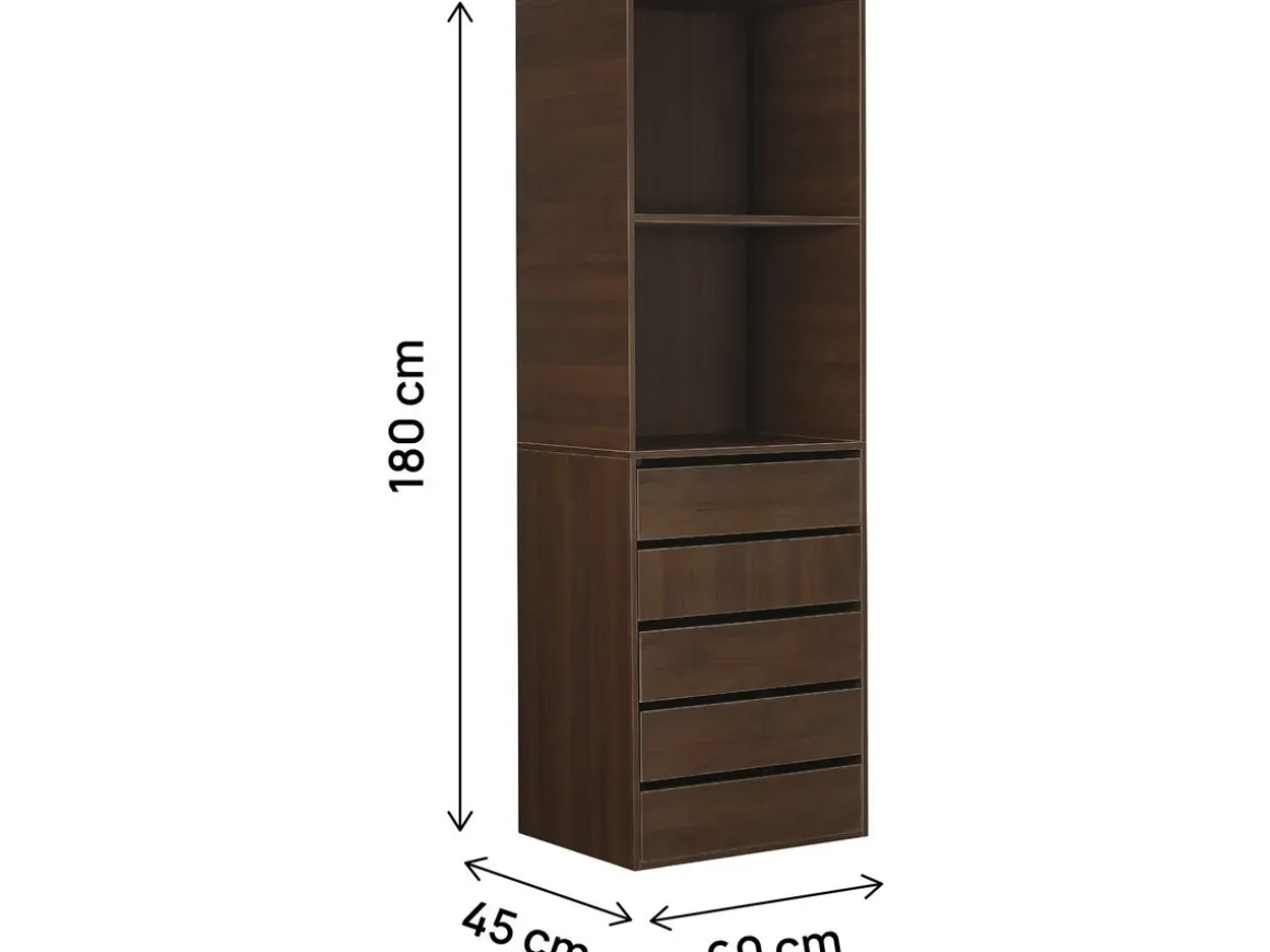 Armoire avec 5 tiroirs et 2 étagères "Opéra" - 60 x 45 x 180 cm - Marron