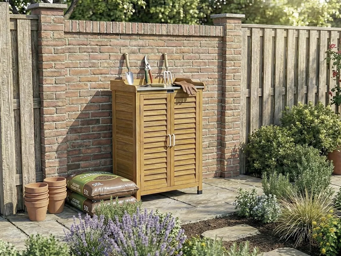 Armoire de jardin en bois avec roulettes "Alexia" - 66 x 41 x 101 cm - Marron