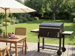 Barbecue charbon avec tablettes latérales et grilles réglables