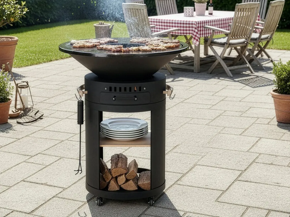 Barbecue plancha brasero à charbon et bois "Cesar premium" - Ø 81 cm - Noir
