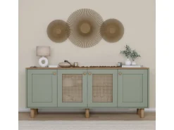 Buffet en bois et cannage "Bohemian" - 180 x 40 x 75 cm - Vert