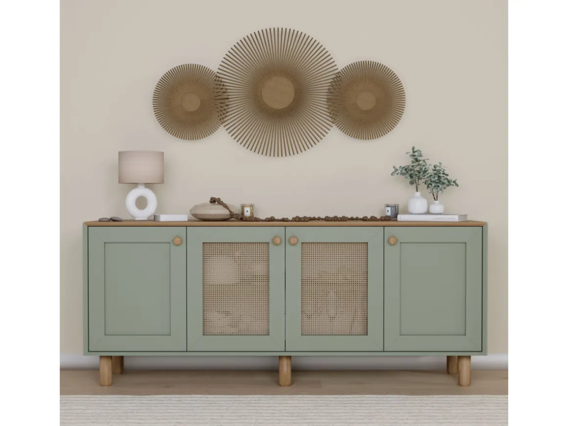 Buffet en bois et cannage "Bohemian" - 180 x 40 x 75 cm - Vert
