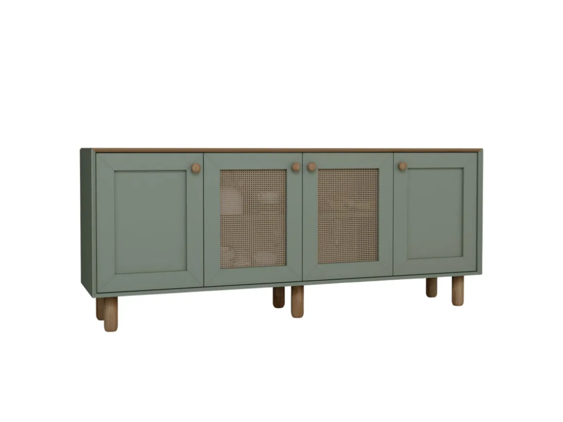 Buffet en bois et cannage "Bohemian" - 180 x 40 x 75 cm - Vert