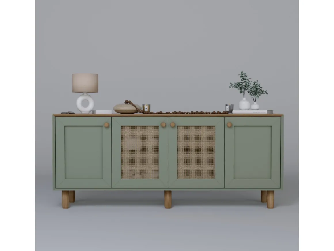 Buffet en bois et cannage "Bohemian" - 180 x 40 x 75 cm - Vert