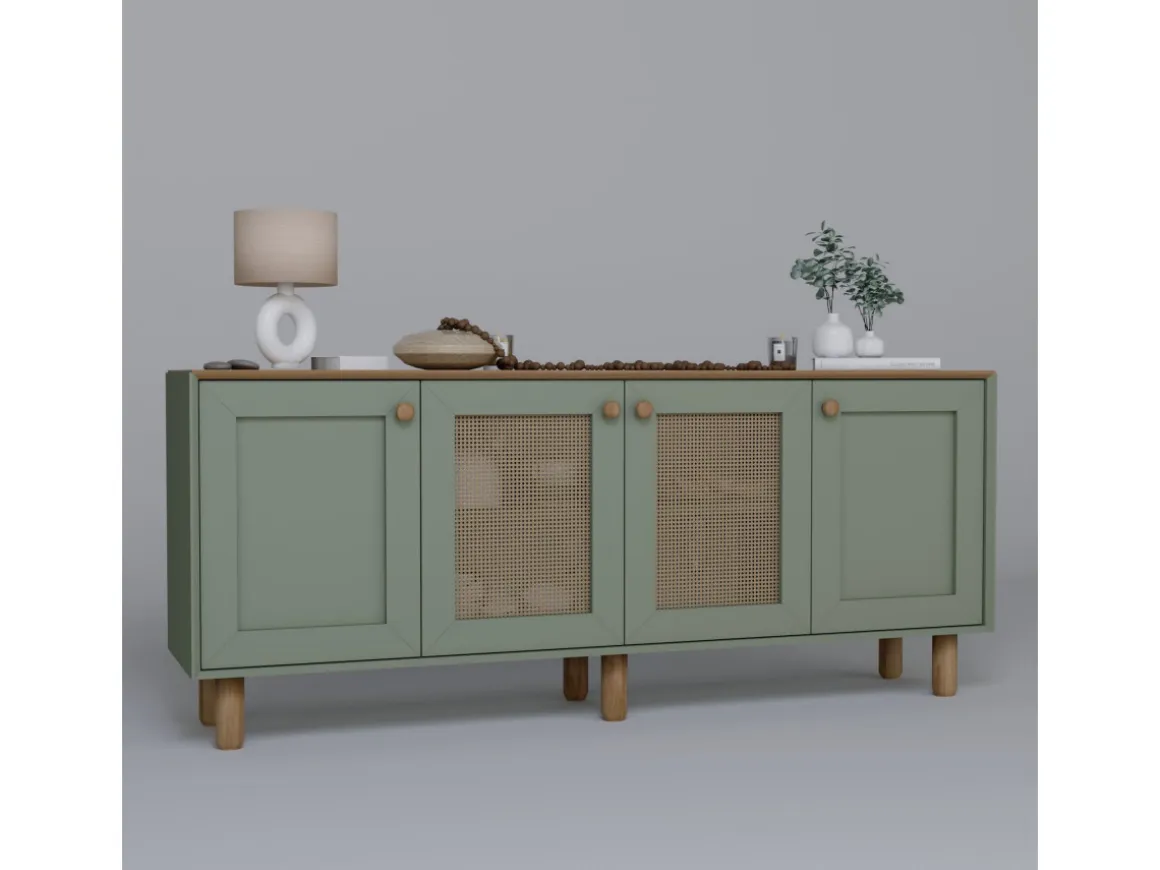 Buffet en bois et cannage "Bohemian" - 180 x 40 x 75 cm - Vert
