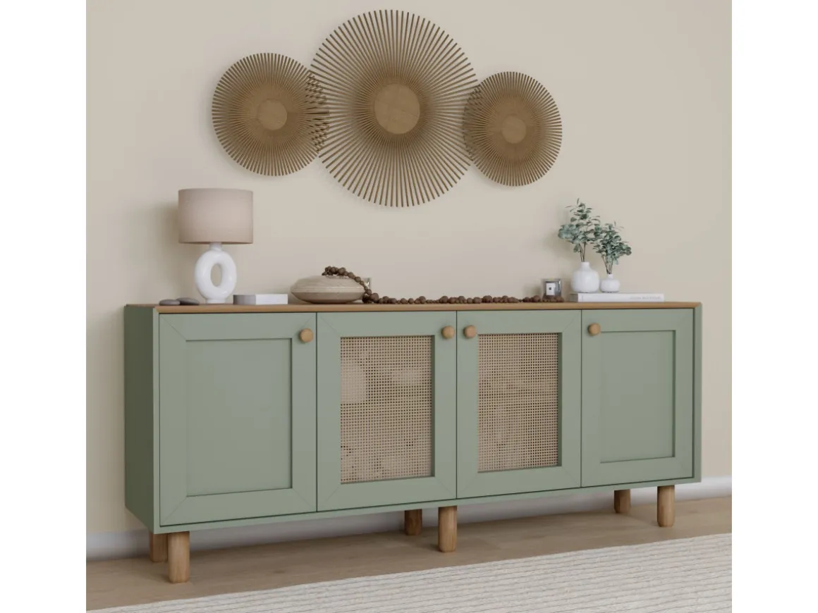Buffet en bois et cannage "Bohemian" - 180 x 40 x 75 cm - Vert
