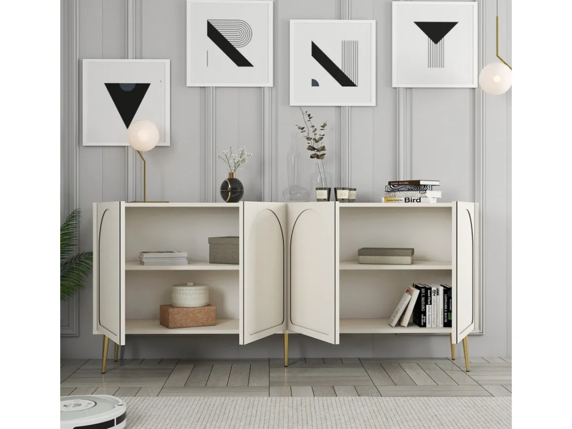 Buffet en bois "Lyon" - 180 x 35 x 80 cm - Crème, Or