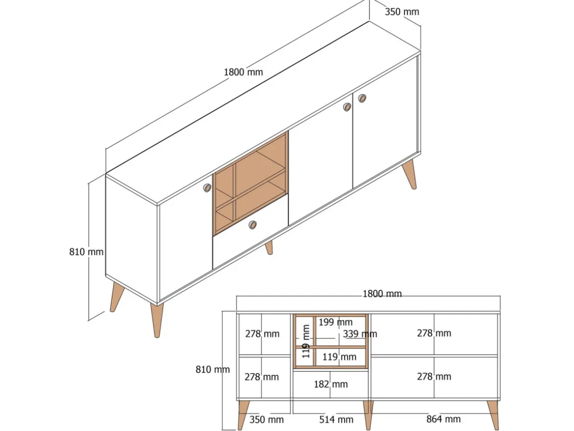 Buffet en bois "Napoli" - 180 x 35 x 81 cm - Crème