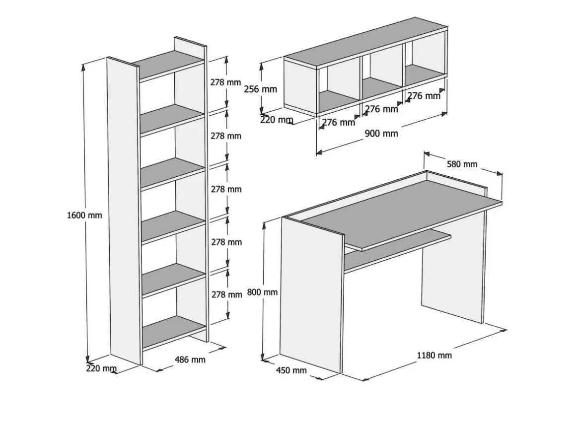 Bureau d'étude avec bibliothèque et étagère murale en bois "Hera" - 118 x 58 x 80 cm - Blanc