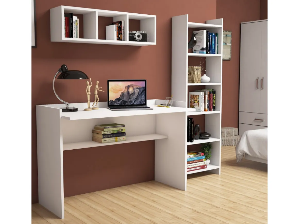Bureau d'étude avec bibliothèque et étagère murale en bois "Hera" - 118 x 58 x 80 cm - Blanc