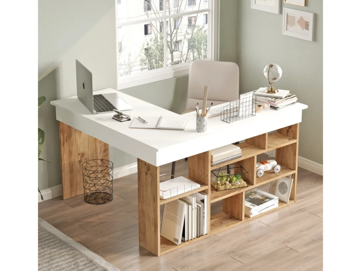 Bureau en bois "CT5" - 129 x 120 x 72 cm - Pin atlantique Blanc