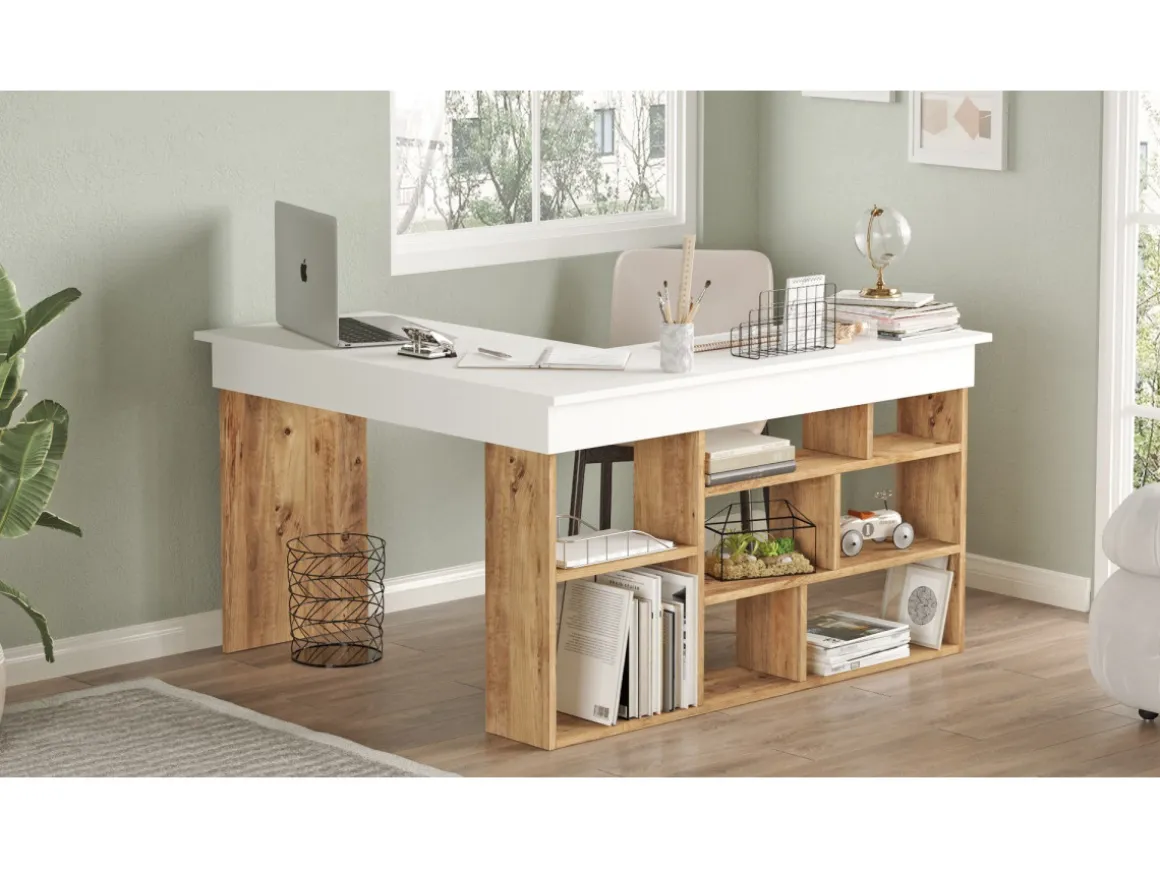 Bureau en bois "CT5" - 129 x 120 x 72 cm - Pin atlantique Blanc