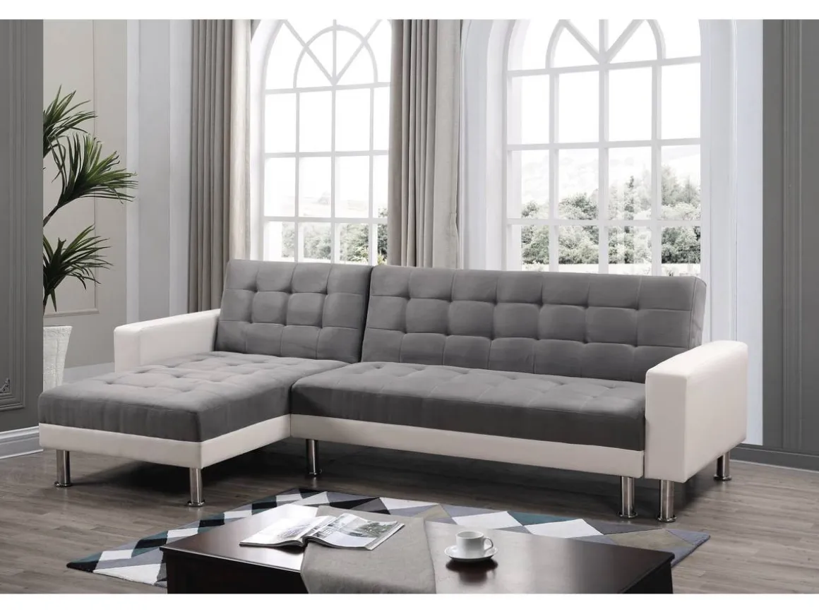 Canapé d'angle convertible et réversible "Theo" - 258 x 82/147 x 82 cm - 4 places -Gris/Blanc