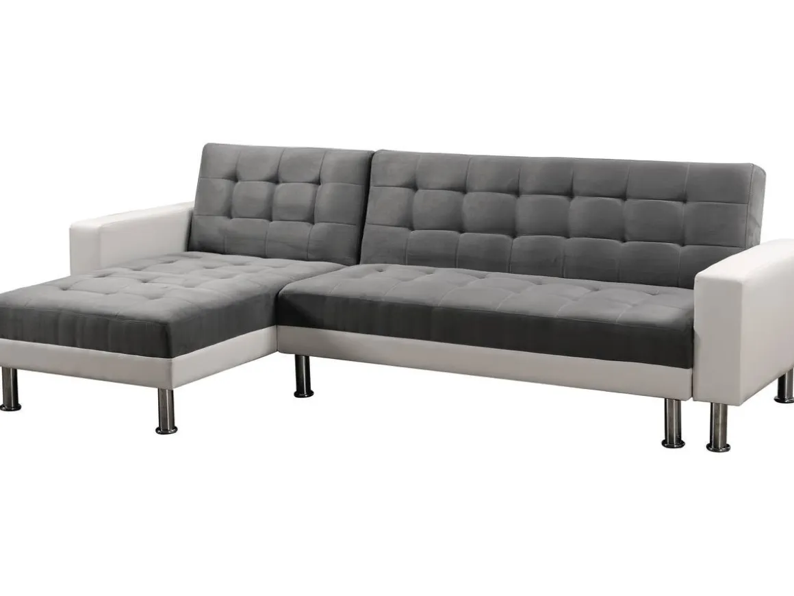 Canapé d'angle convertible et réversible "Theo" - 258 x 82/147 x 82 cm - 4 places -Gris/Blanc