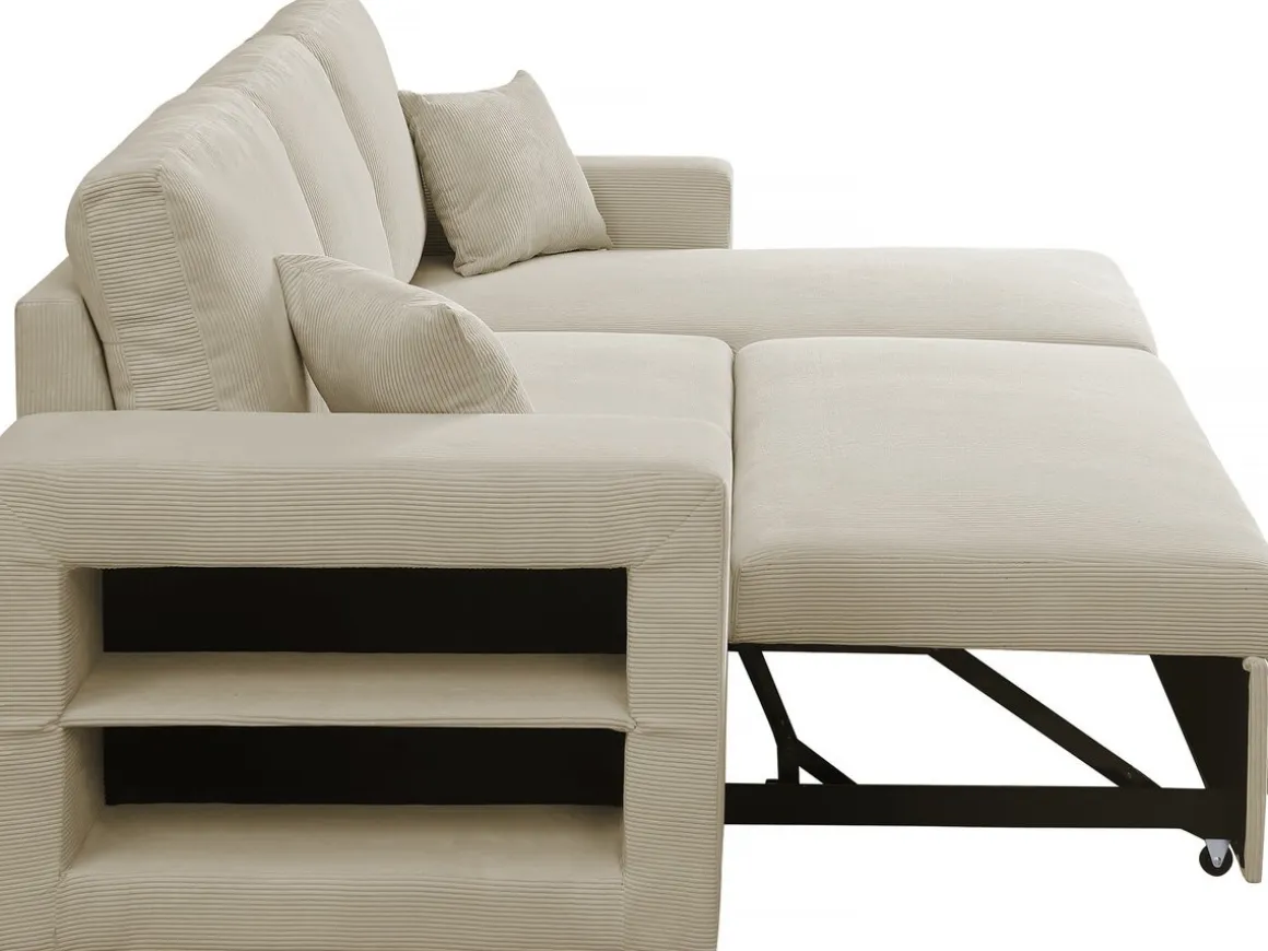Canapé d'angle en velours côtelé convertible/réversible "Axel" - 3 places - Beige