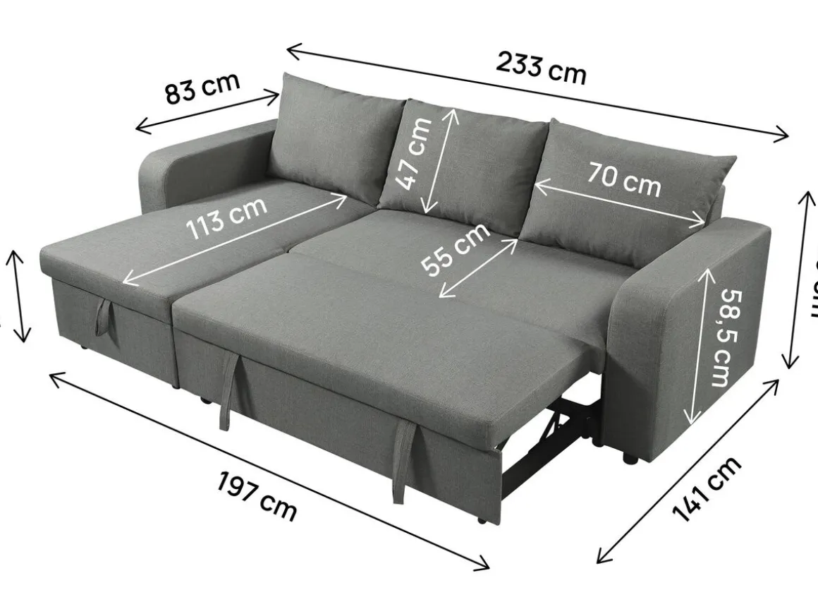 Canapé d'angle réversible/convertible en tissu "Victor" - 3 places - Gris