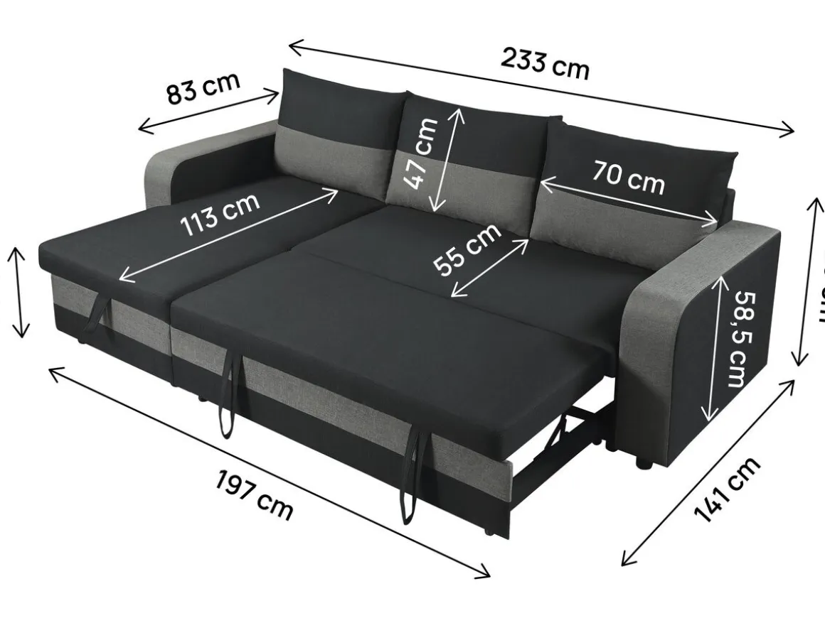 Canapé d'angle réversible/convertible en tissu "Victor" - 3 places - Noir