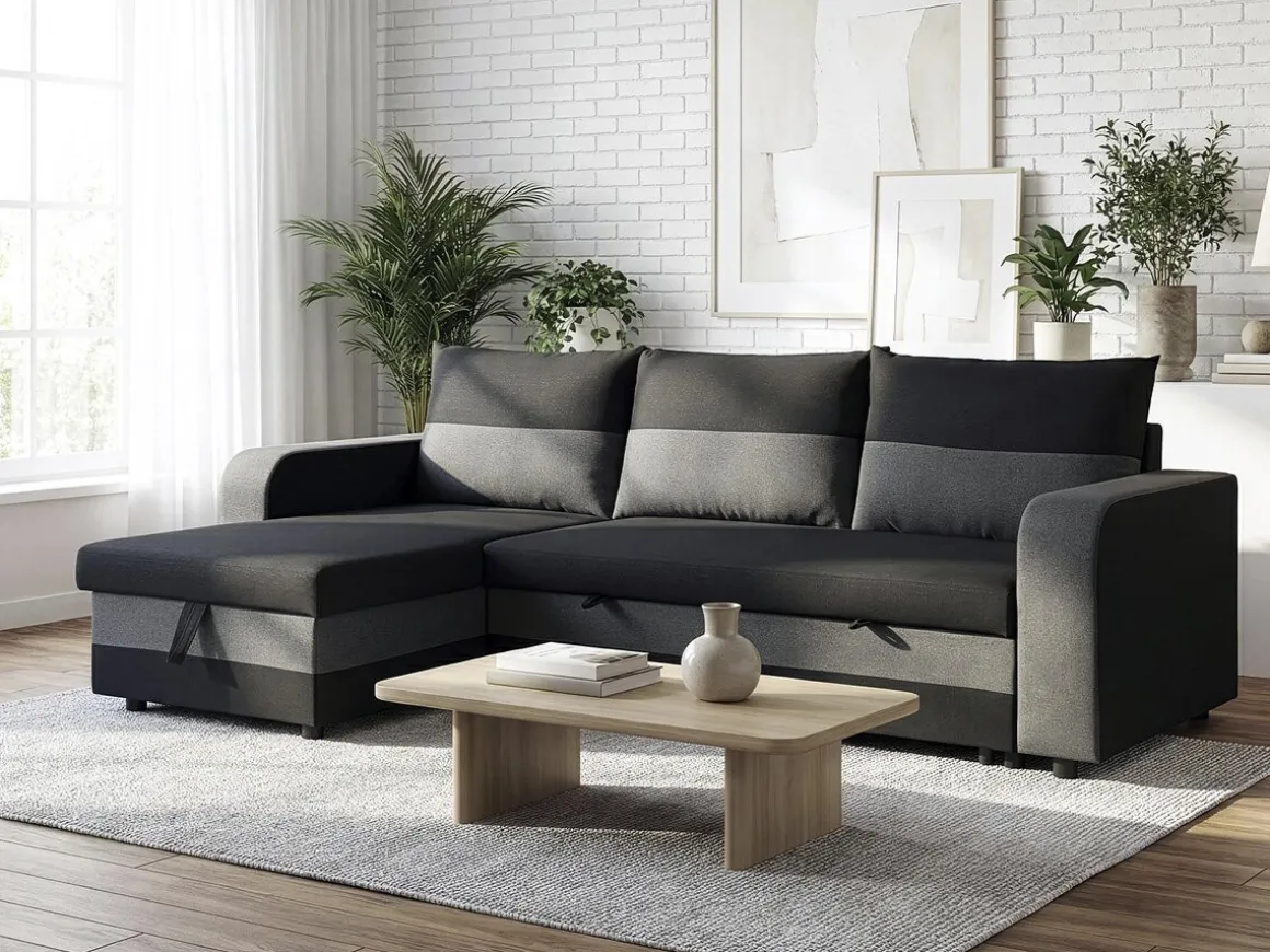 Canapé d'angle réversible/convertible en tissu "Victor" - 3 places - Noir