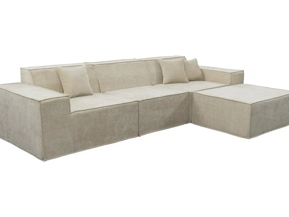 Canapé droit modulable avec ottoman en tissu texturé "Lusso" - 4 places - Beige