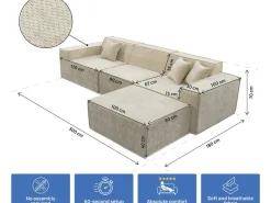 Canapé droit modulable avec ottoman en tissu texturé "Lusso" - 4 places - Beige