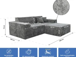 Canapé droit modulable avec ottoman en tissu texturé "Lusso" - 3 places - Gris