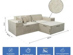 Canapé droit modulable avec ottoman en tissu texturé 