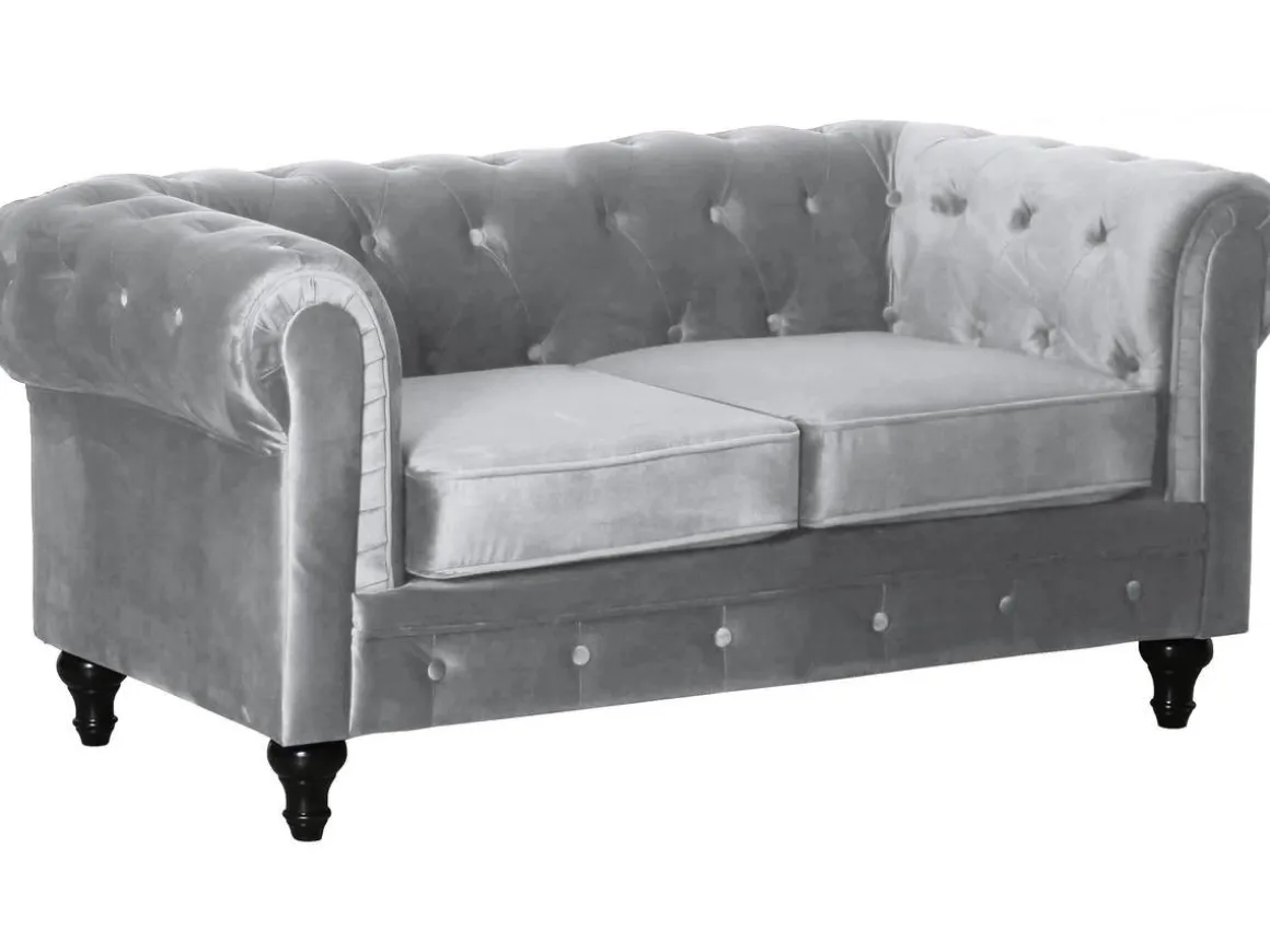 Canapé fixe Chesterfield Velours "Aliza" - 157 x 82 x 70 cm - 2 places - Gris