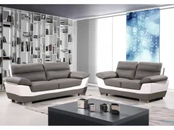 Canapé fixe en cuir reconstitué et PVC " Dallas" - 210 x 88 x 90 cm - 3 places - Gris/Blanc