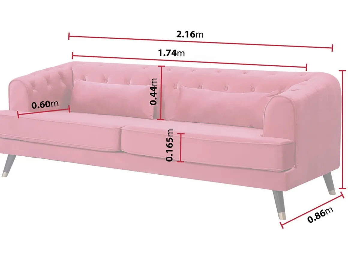 Canapé fixe en velours "Gloria" - 216 x 86 x 76 cm - 3 places - Rouge