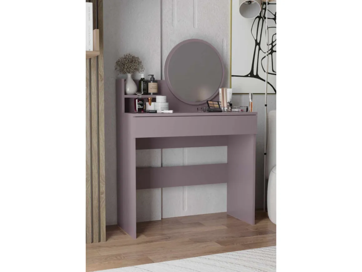 Coiffeuse avec miroir en bois "Harmony Mini Round" - 90 x 40 x 133 cm - Violet