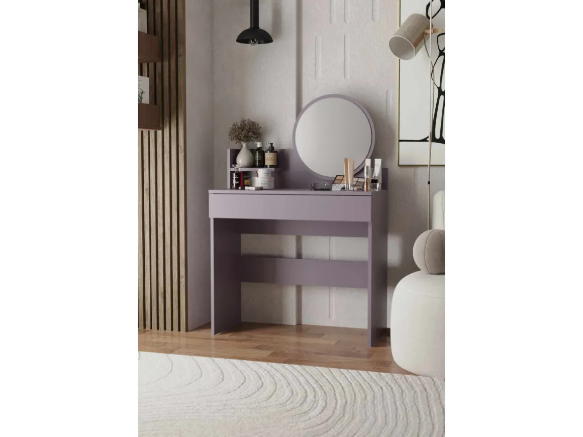 Coiffeuse avec miroir en bois "Harmony Mini Round" - 90 x 40 x 133 cm - Violet