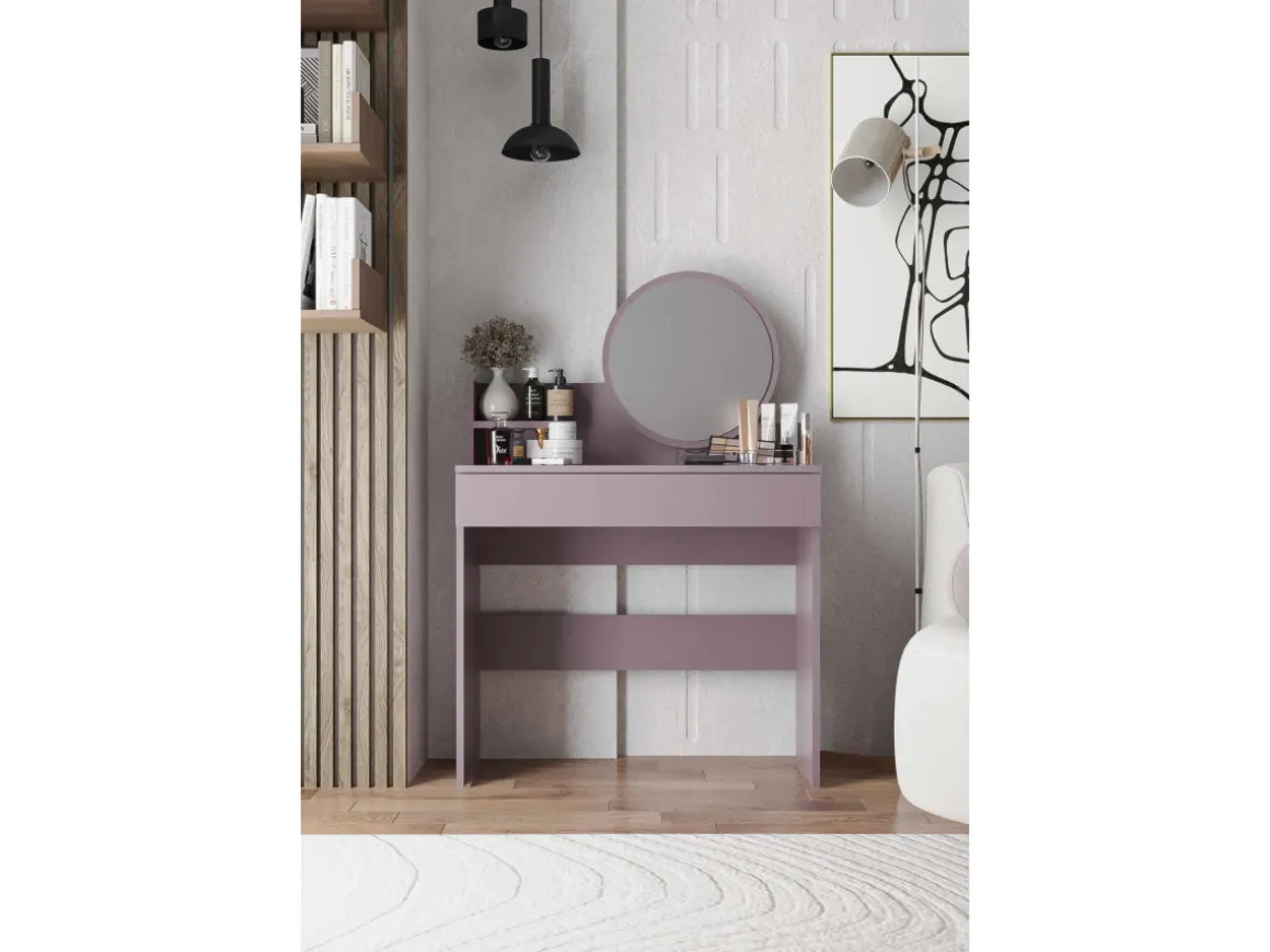 Coiffeuse avec miroir en bois "Harmony Mini Round" - 90 x 40 x 133 cm - Violet