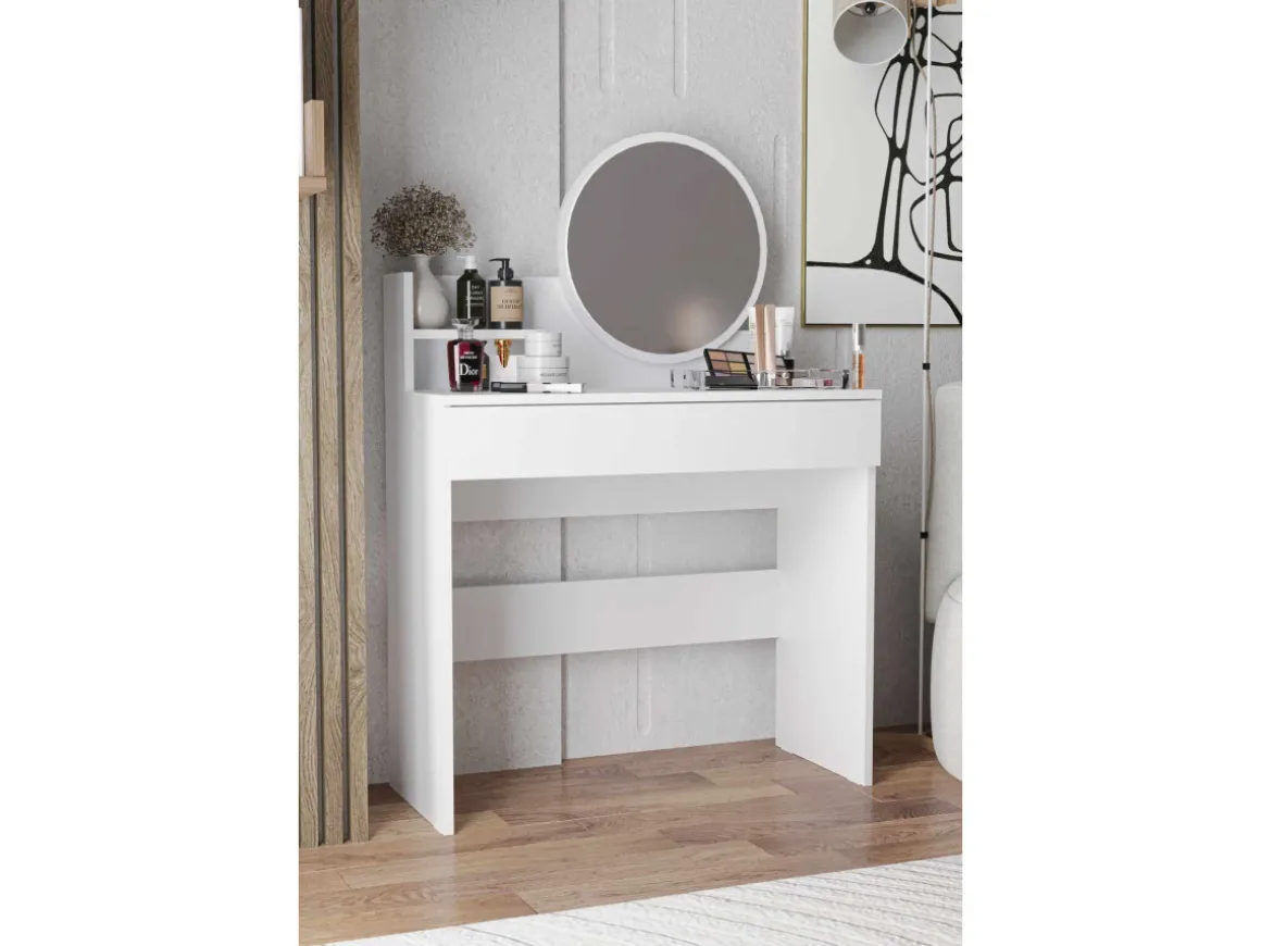 Coiffeuse avec miroir en bois "Harmony Mini Round" - 90 x 40 x 133 cm - Blanc