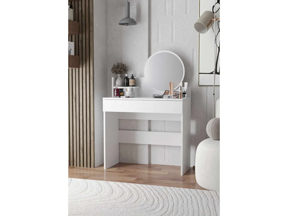 Coiffeuse avec miroir en bois "Harmony Mini Round" - 90 x 40 x 133 cm - Blanc