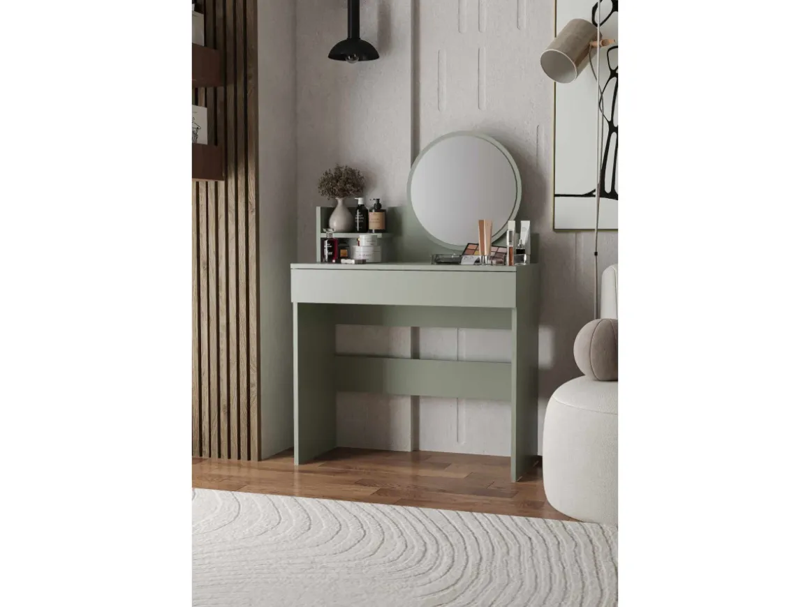 Coiffeuse avec miroir en bois "Harmony Mini Round" - 90 x 40 x 133 cm - Vert