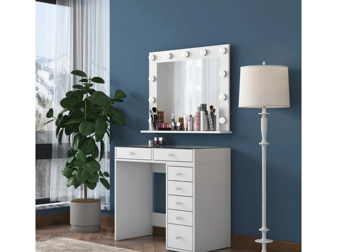Coiffeuse avec miroir en bois "Kona" - 90 x 44 x 80 cm - Blanc
